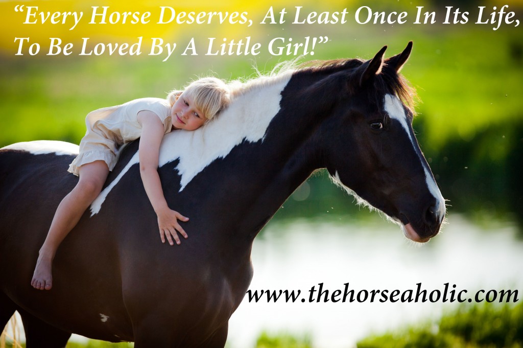 Child sits on a horse in meadow near small river.